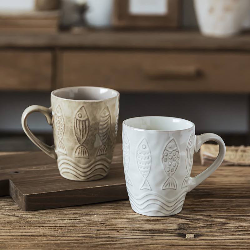 Kitchen Plus Vintage Rustic Stoneware Ceramic Fish Design Coffee Mug KP859
