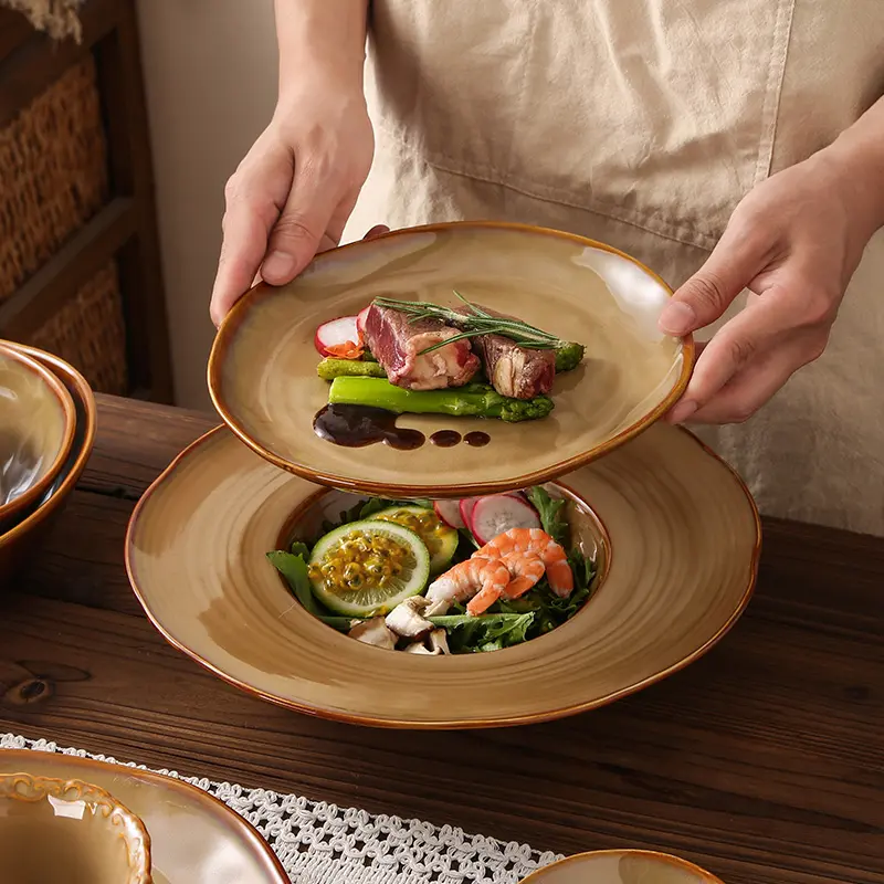 Kitchen Plus Japanese Vintage Caramel Glossy Style Ceramic Plate Set Serving Bowl Rice Bowl KP681