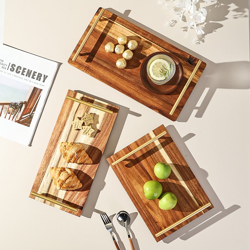 Kitchen Plus Decorative Acacia Wooden Serving Tray with Stainless Steel Handle KP679 - Image 7