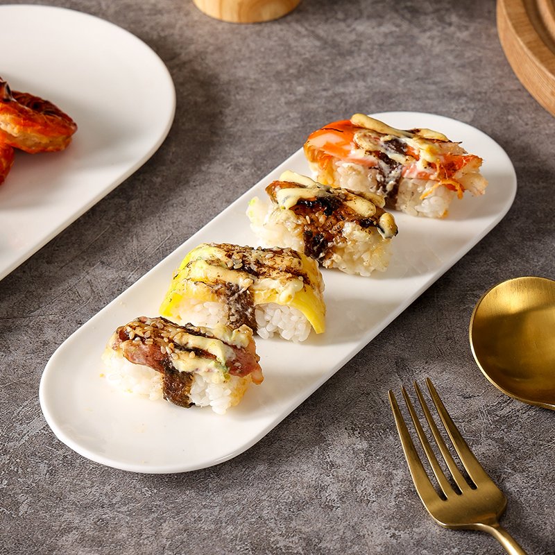 Kitchen Plus White Nordic Ceramic Simple Rectangular Serving Japanese Sushi Serving Plate KP672 - Image 7