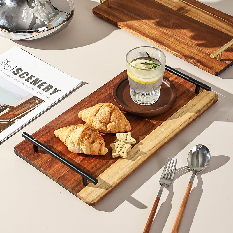 Kitchen Plus Decorative Acacia Wooden Serving Tray with Stainless Steel Handle KP679 - Image 2