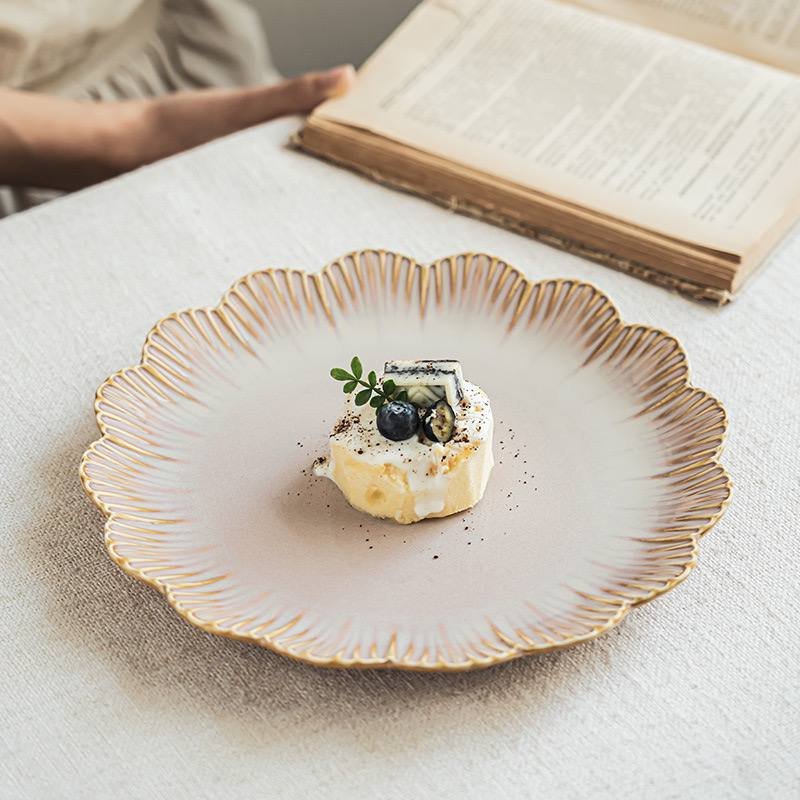 Kitchen Plus Japanese Flower Edge glazed Tableware Retro Ceramic Plate KP881