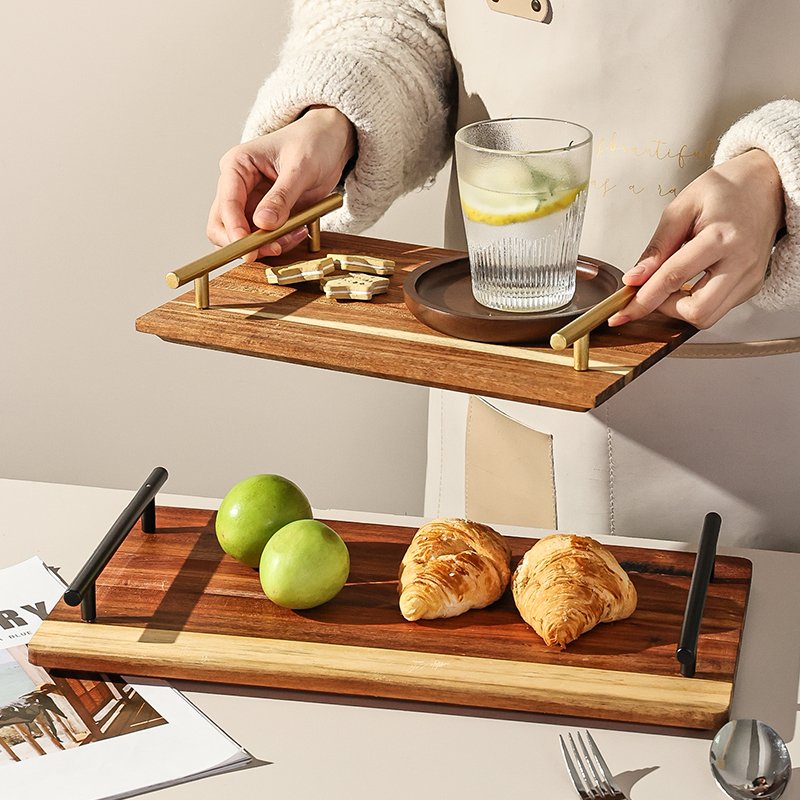 Kitchen Plus Decorative Acacia Wooden Serving Tray with Stainless Steel Handle KP679 - Image 4