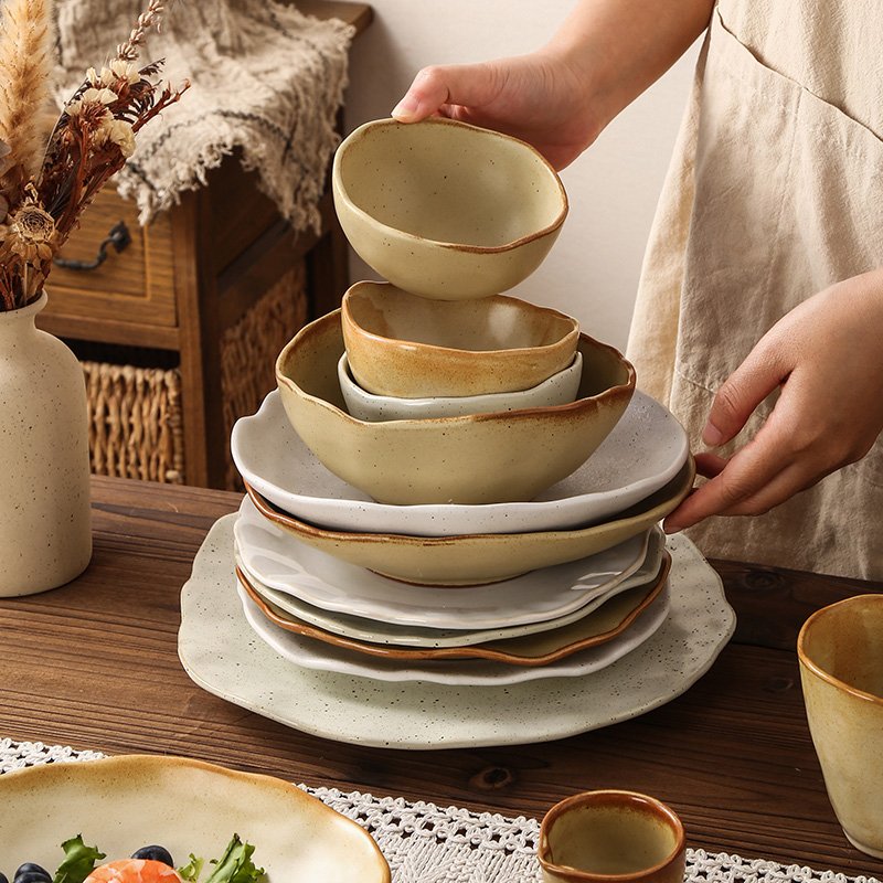 Kitchen Plus Irregular Shaped Retro Coarse Stonrware Ceramic Dinner Plate Dessert Plate KP805