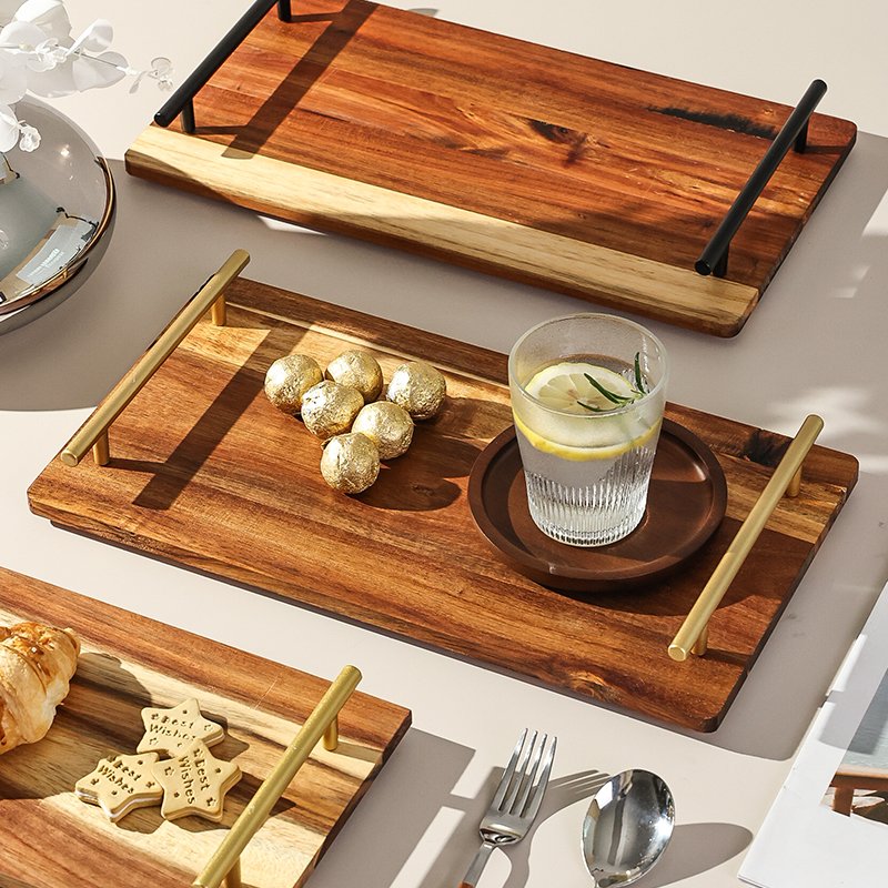 Kitchen Plus Decorative Acacia Wooden Serving Tray with Stainless Steel Handle KP679 - Image 8