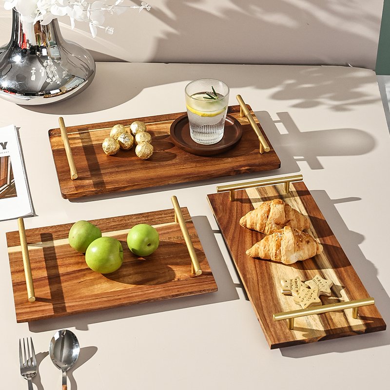 Kitchen Plus Decorative Acacia Wooden Serving Tray with Stainless Steel Handle KP679