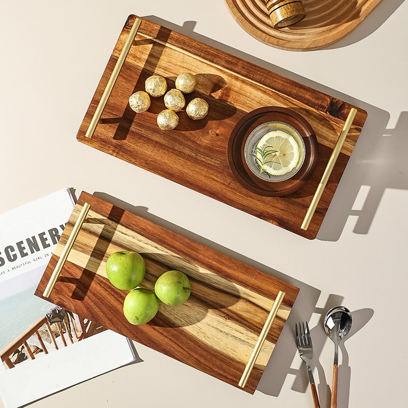 Kitchen Plus Decorative Acacia Wooden Serving Tray with Stainless Steel Handle KP679 - Image 5
