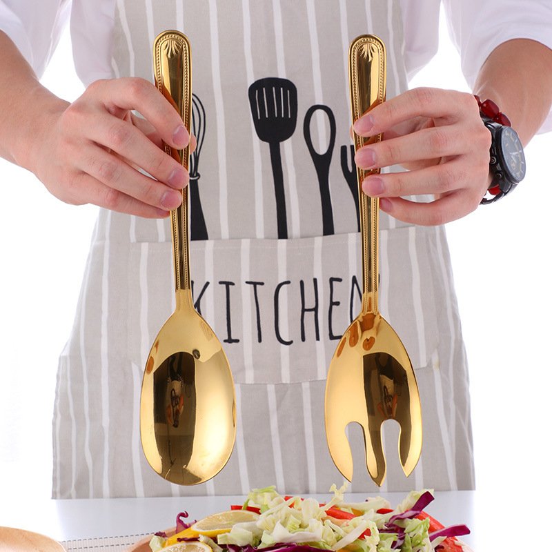 Kitchen Plus 2 Piece Big Size Gold Stainless Steel Spoon and Fork Serving Utensils for Buffet KP417 - Image 2