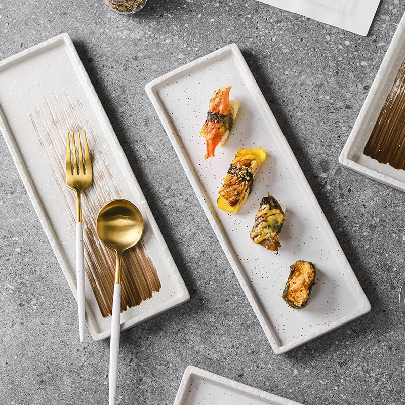 Kitchen Plus Japanese Style Ceramic Rectangular Sushi Plate Dimsum Plate Serving Plate KP800