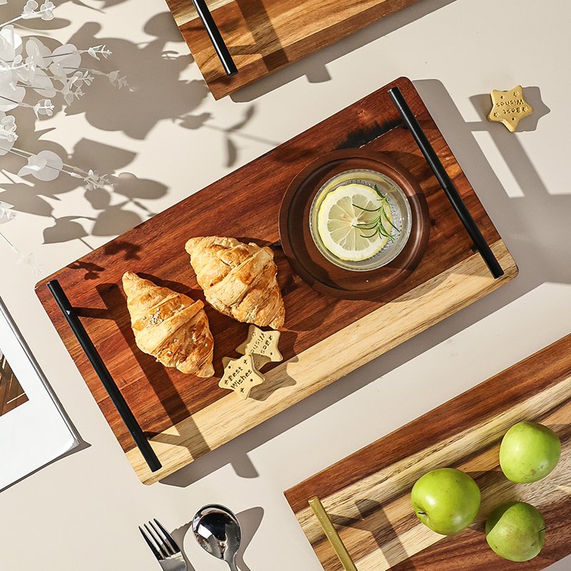 Kitchen Plus Decorative Acacia Wooden Serving Tray with Stainless Steel Handle KP679 - Image 3
