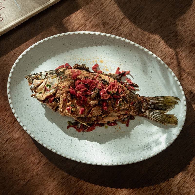 Kitchen Plus Glazed Beaded Ink Splash BIG Oval Ceramic Serving Plate KP882 - Image 2