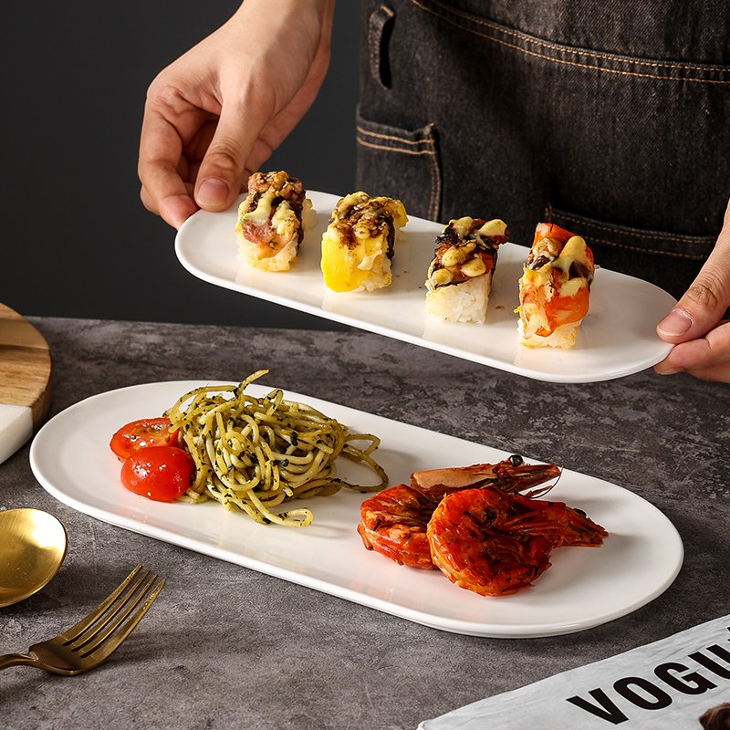 Kitchen Plus White Nordic Ceramic Simple Rectangular Serving Japanese Sushi Serving Plate KP672 - Image 2