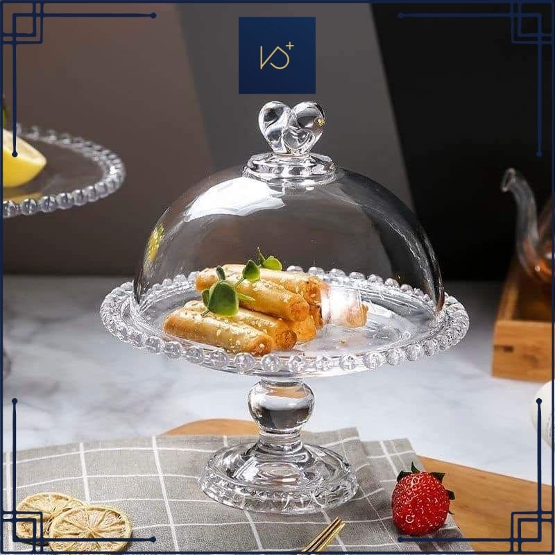 Kitchen Plus Clear Glass Fruit Serving Tray Stand with Love-shaped Cover Round Food Snack Server KP450