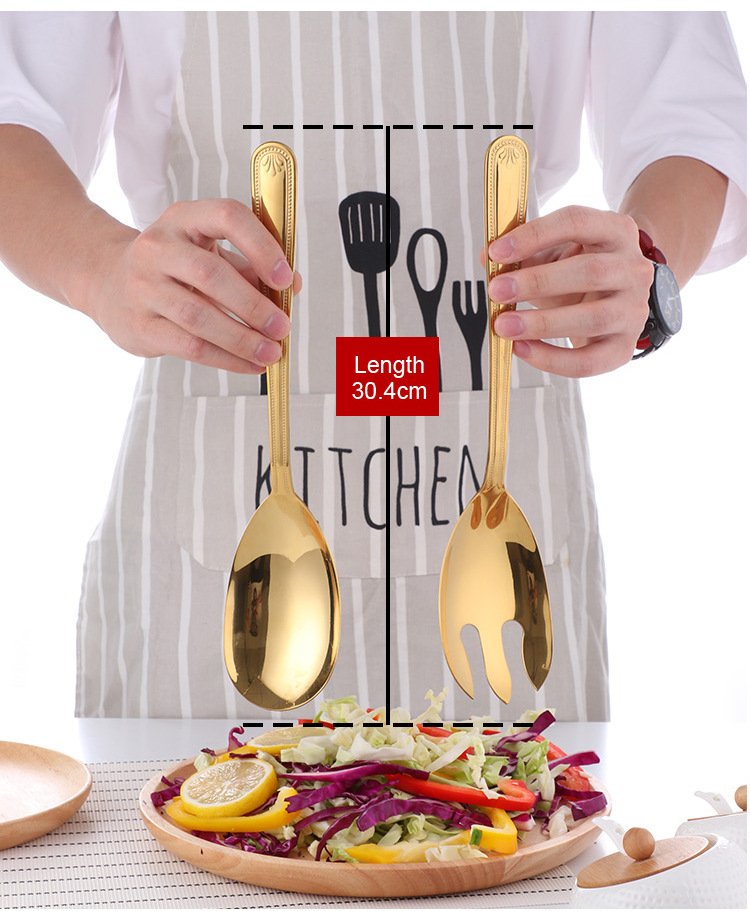 Kitchen Plus 2 Piece Big Size Gold Stainless Steel Spoon and Fork Serving Utensils for Buffet KP417