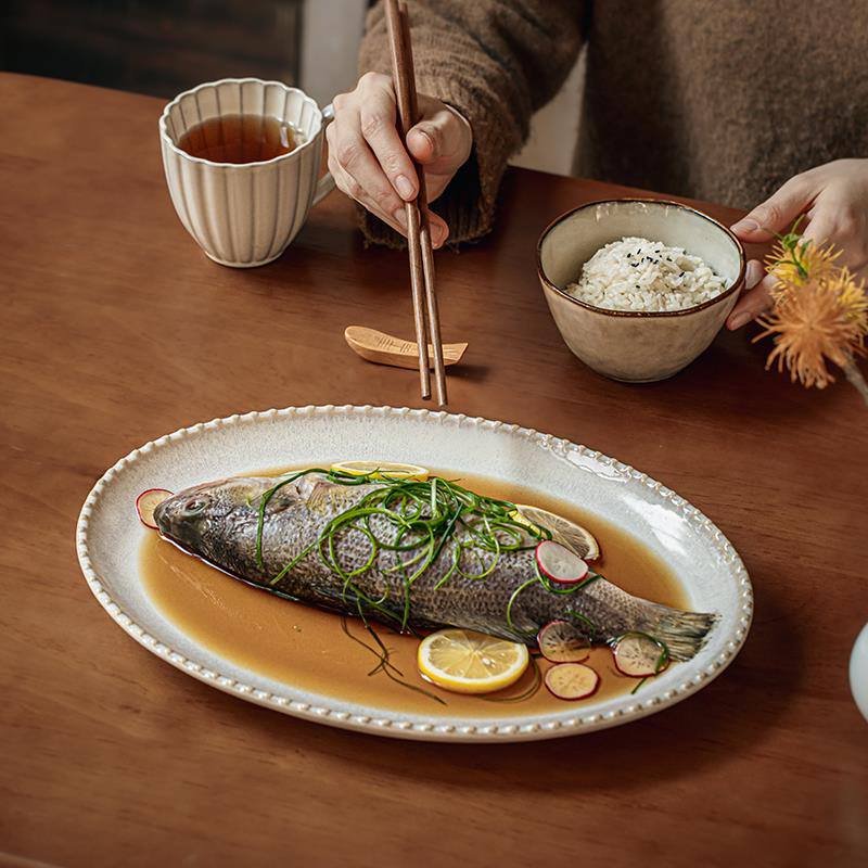 Kitchen Plus Glazed Beaded Ink Splash BIG Oval Ceramic Serving Plate KP882