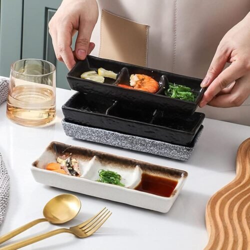 Kitchen Plus Ceramic 3 Grid Soy Sauce Dipping Plate Japanese Retro Household Restaurant Hot Pot Dipping Sauce KP770
