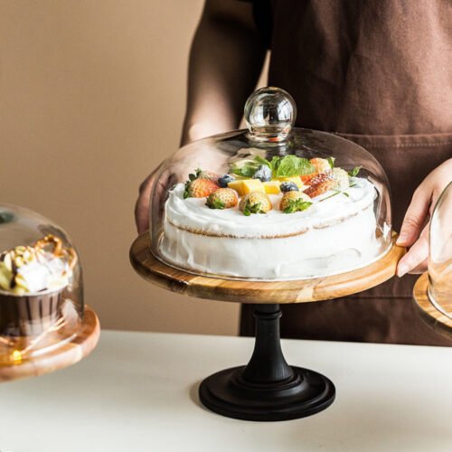 Kitchen Plus Acacia Cake Stand with Black Stand and Glass Lid KP372