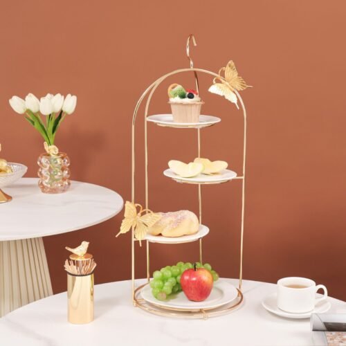 Kitchen Plus 4 tier Butterfly Gold Pastry Tier Stand with Ceramic Plates KP438