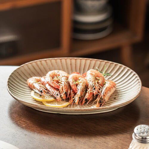 Kitchen Plus 9.4 inch Oval Ceramic Serving Plate with Vertical Lines KP1013