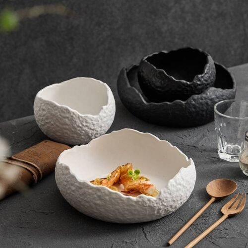Kitchen Plus Irregular Stoneware Ceramic Dinner Plate Appetizer Sashimi Soup Fruit Salad Mixing Serving Bowl  KP1060