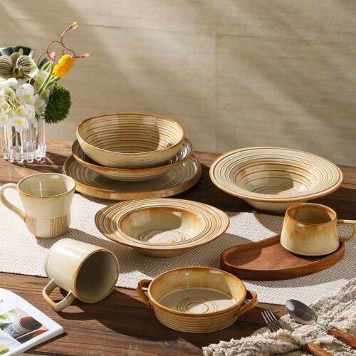 Kitchen Plus Beige Stoneware Ceramic Japanese Dinner Plate Ceramic Salad Plate Soup Bowl Salad Plate KP1105