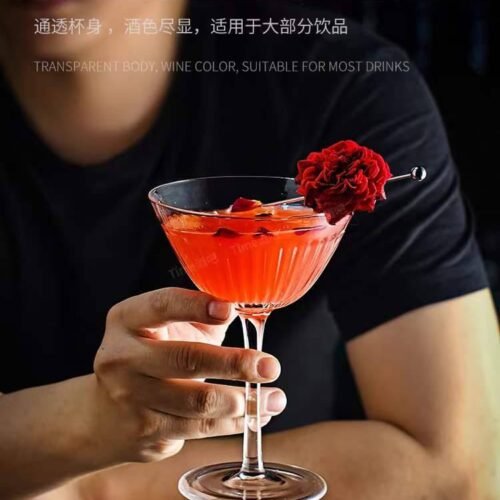 Kitchen Plus Vertical Pattern High Foot Handmade Crystal Glass Cups Transparent Glass KP578