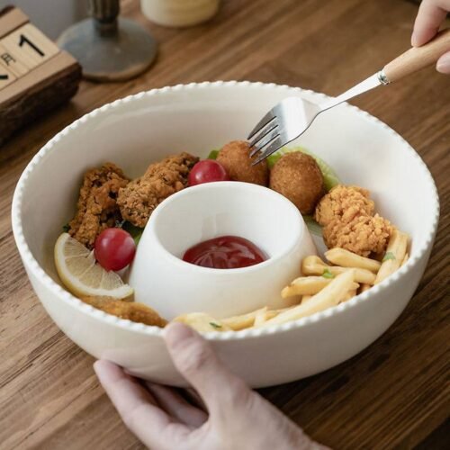 Kitchen Plus Beaded Ceramic Snack Bowl Divided Plate with Dipping Sauce KP966