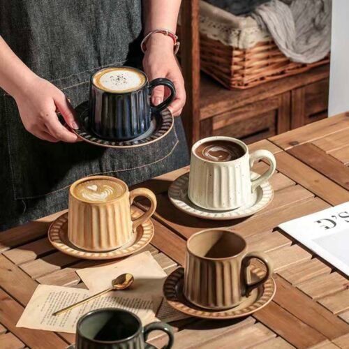 Kitchen Plus Vintage Japanese Style Stoneware300 ml Ceramic Coffee Cup and Saucer Set KP673