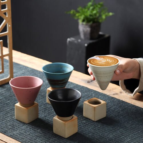 Kitchen Plus Japanese Style 7 oz Ceramic Cone-Shaped Coffee Cup with Cube Base KP474