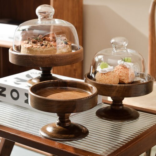 Kitchen Plus Yuri Wooden Round Acacia Serving Cake Display Cake Stand with Glass Lid KP589